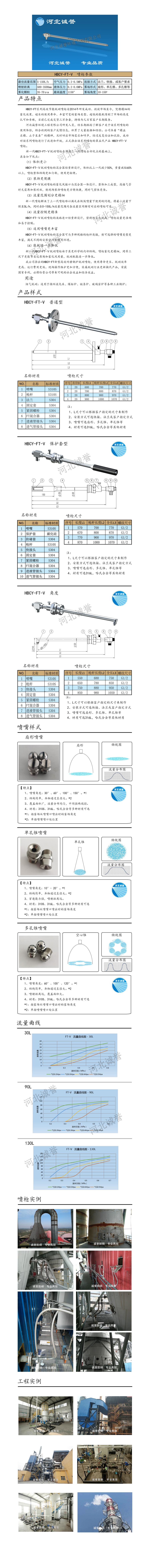 FT-V脫硝噴槍、保護套、噴槍參數(shù)、材質尺寸、流量分布圖、扇形空心錐俯視圖介紹，以及噴槍霧化視頻展示和工程案例介紹