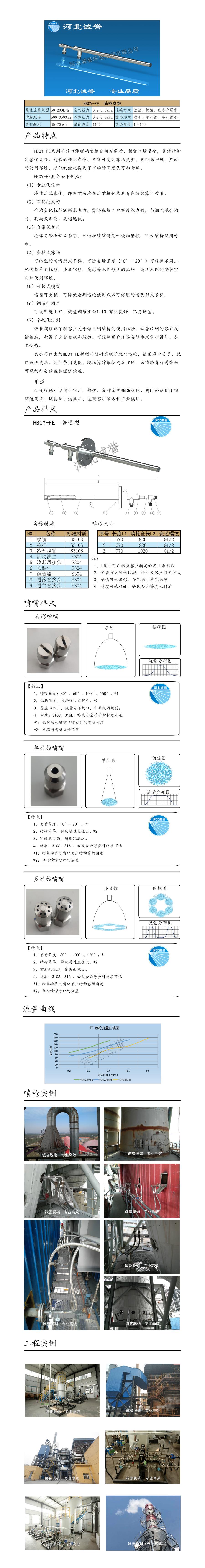 電廠脫硝噴槍保護(hù)套、噴槍參數(shù)、材質(zhì)尺寸、流量分布圖、扇形空心錐俯視圖介紹，以及噴槍霧化視頻展示和工程案例介紹
